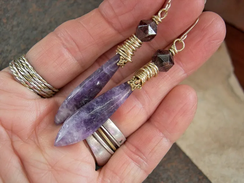 Purple Petal Earrings, Lepidolite Tabs, Faceted Dark Garnet