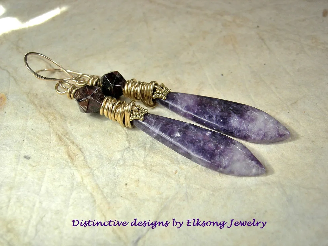 Purple Petal Earrings, Lepidolite Tabs, Faceted Dark Garnet