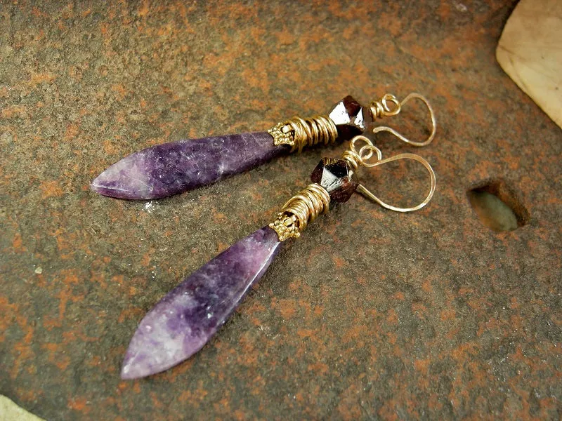 Purple Petal Earrings, Lepidolite Tabs, Faceted Dark Garnet