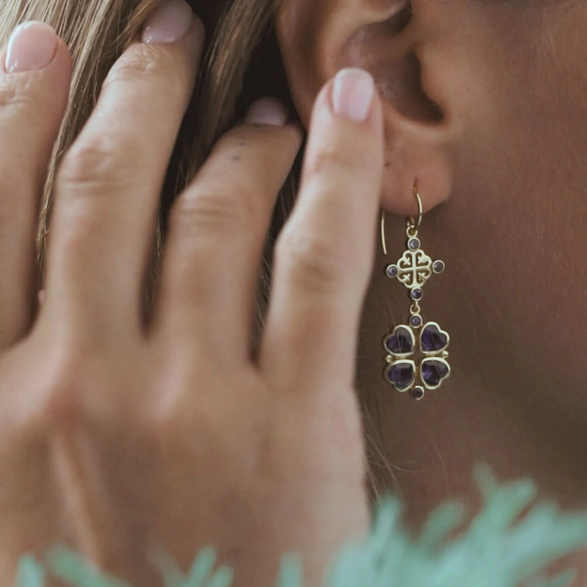 Queen of Hearts Pink Opal Lucky Clover Statement Earrings Gold