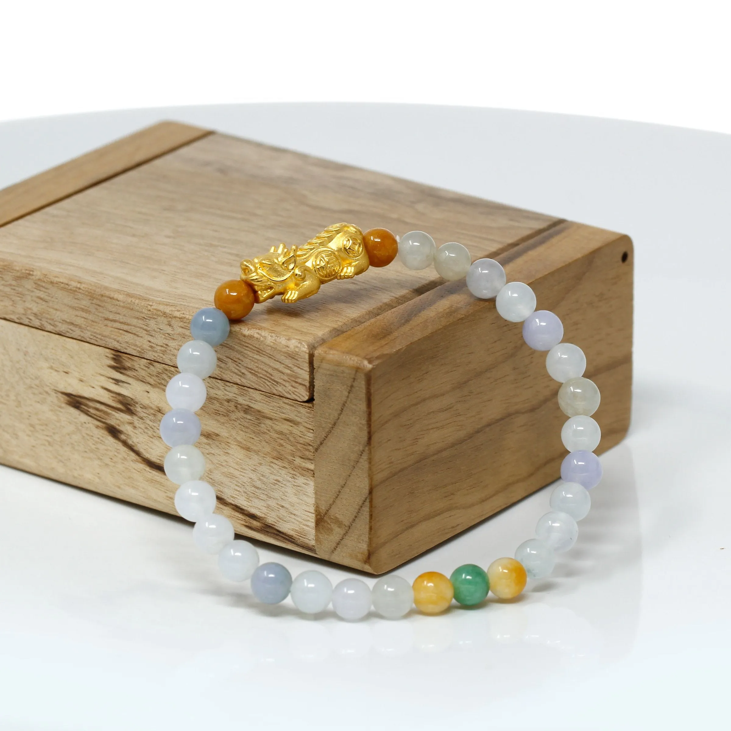 RealJade® "Lucky Pi Xiu" Genuine High-quality Jade Jadeite Bracelet Bangle with 24k Yellow Gold PiXiu Charm Colorful #422