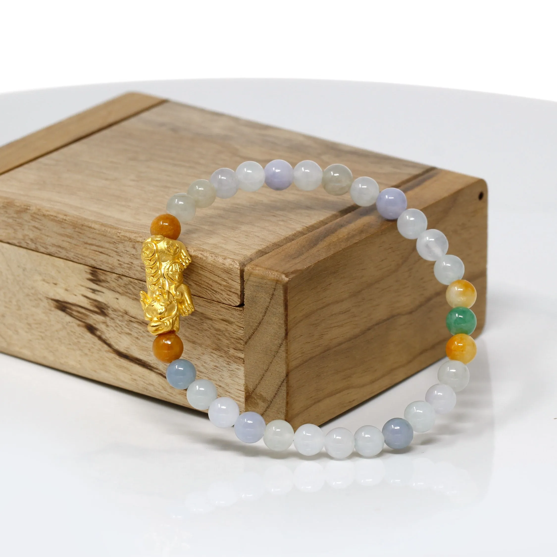 RealJade® "Lucky Pi Xiu" Genuine High-quality Jade Jadeite Bracelet Bangle with 24k Yellow Gold PiXiu Charm Colorful #422