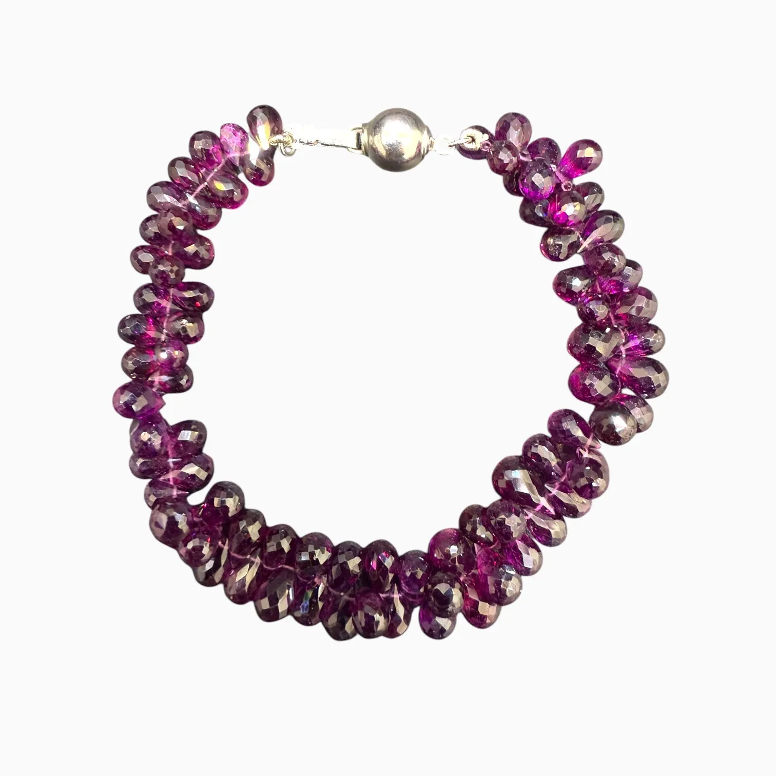 Rhodolite Garnet Briolette Stone Bracelet in Silver Lock 105 Carats 5x7 mm