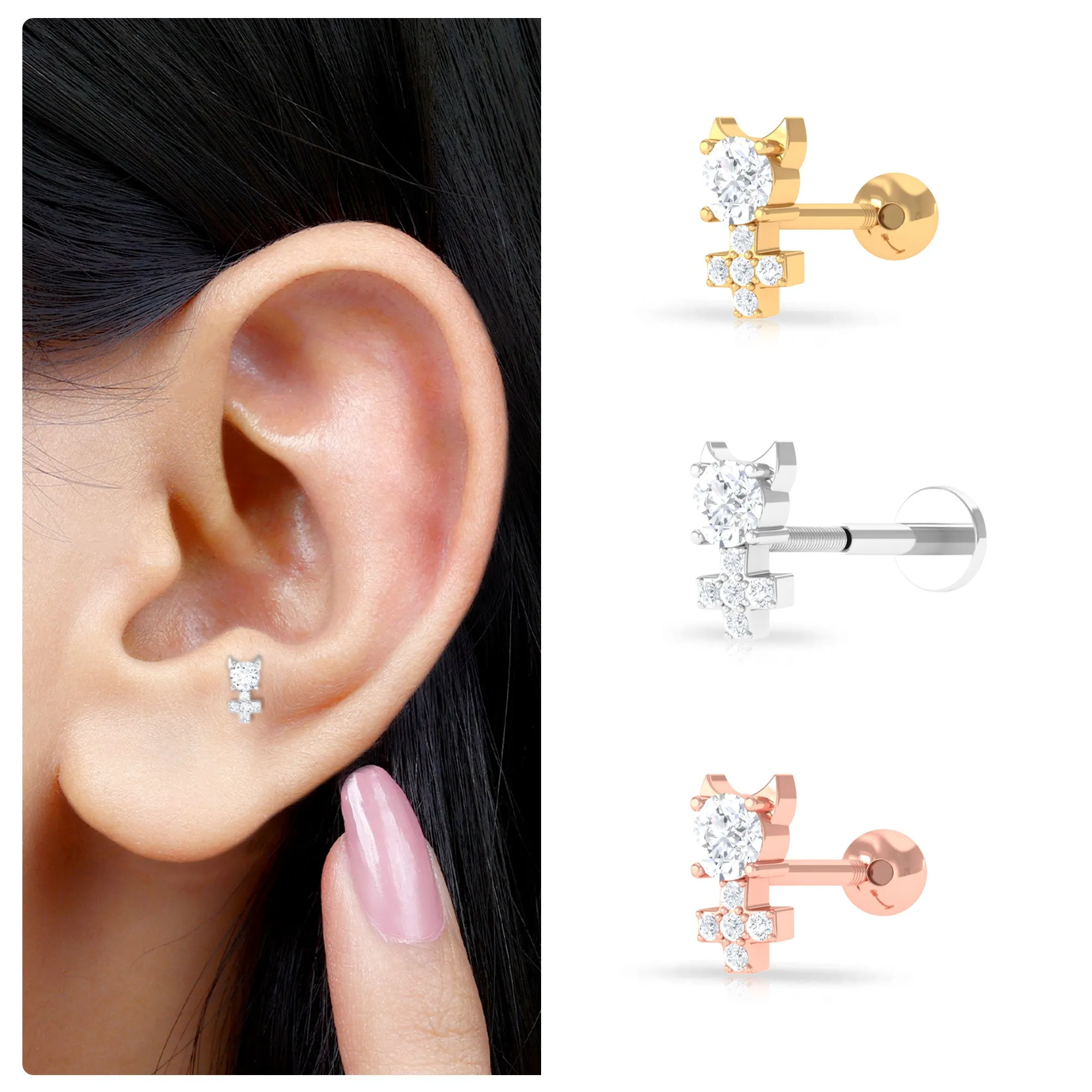 Round Moissanite Devil Helix Earring in Gold