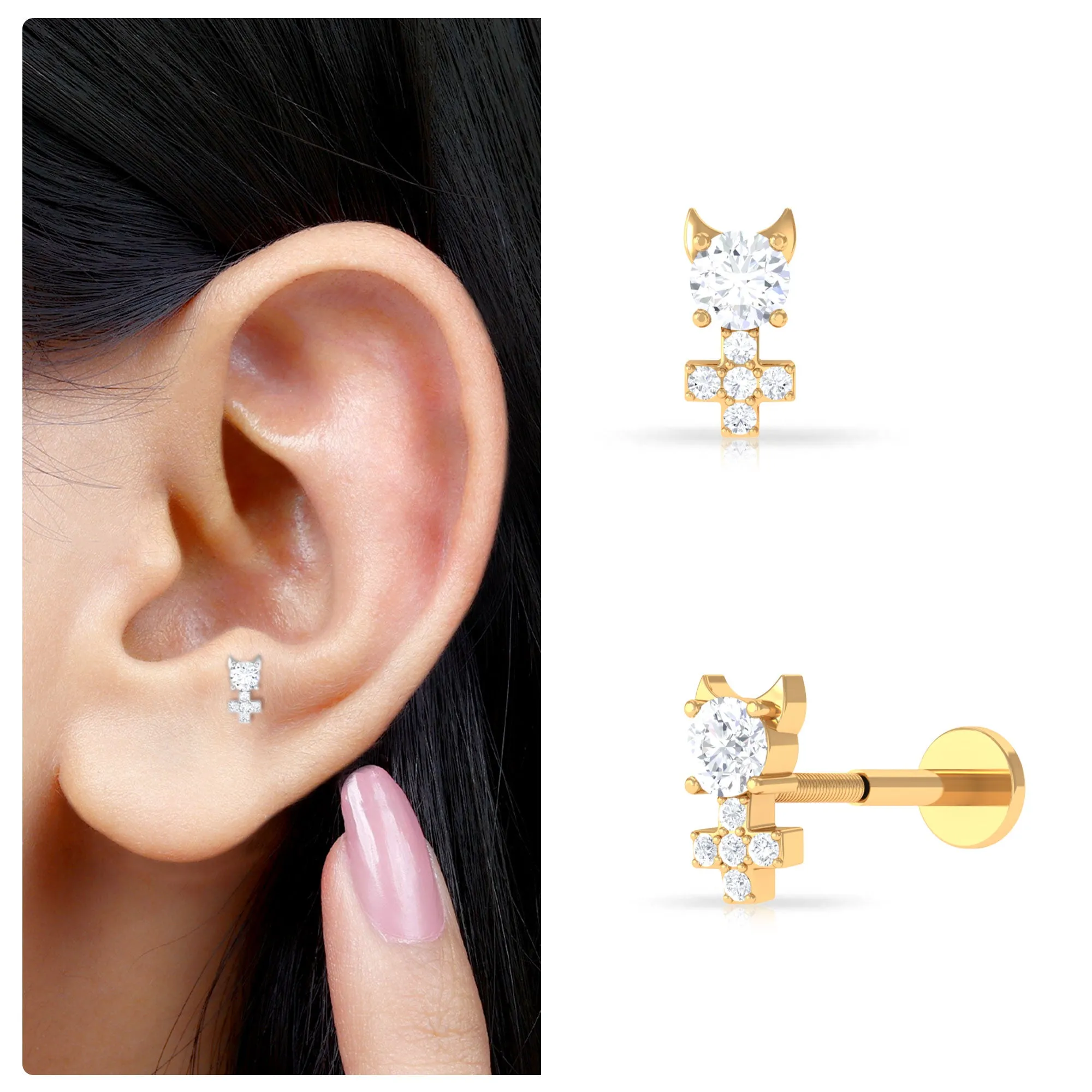 Round Moissanite Devil Helix Earring in Gold