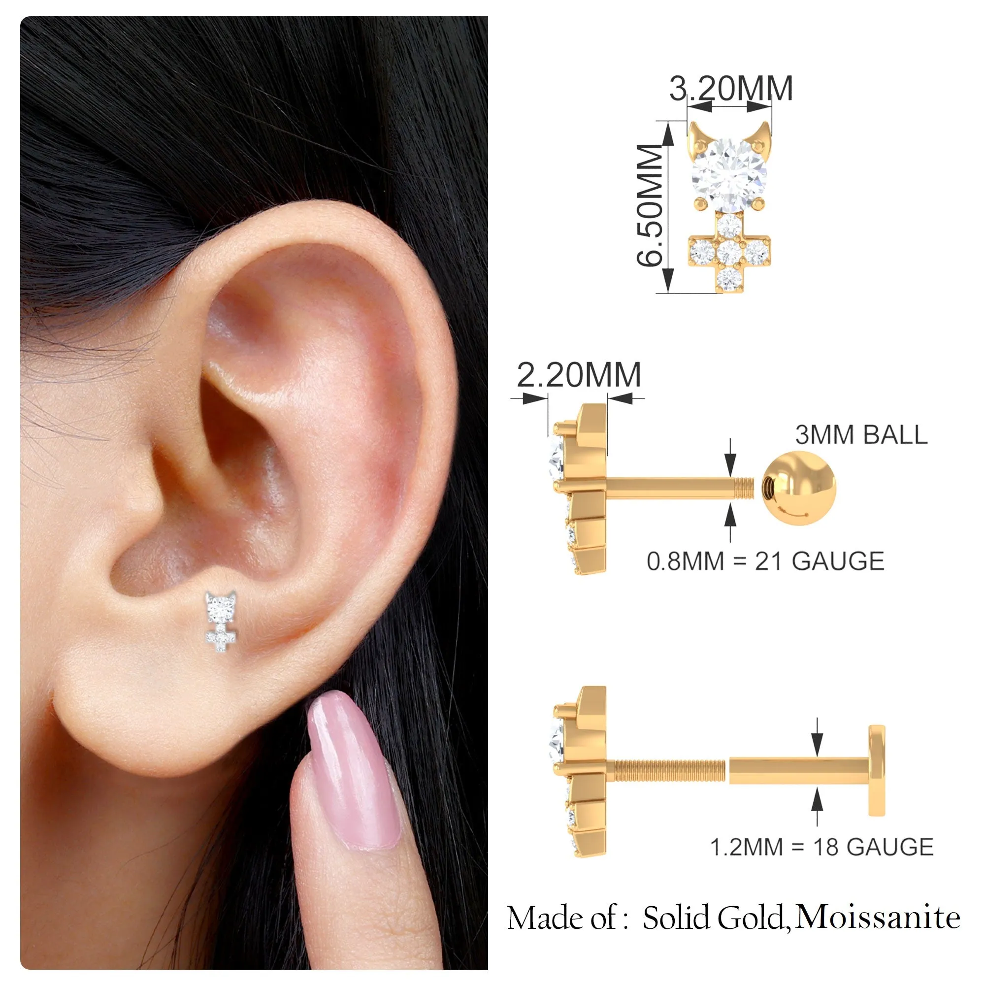 Round Moissanite Devil Helix Earring in Gold