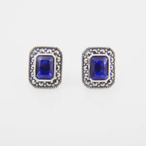 Silver Marcasite Sapphire Earrings Square Blue Crystal Studs