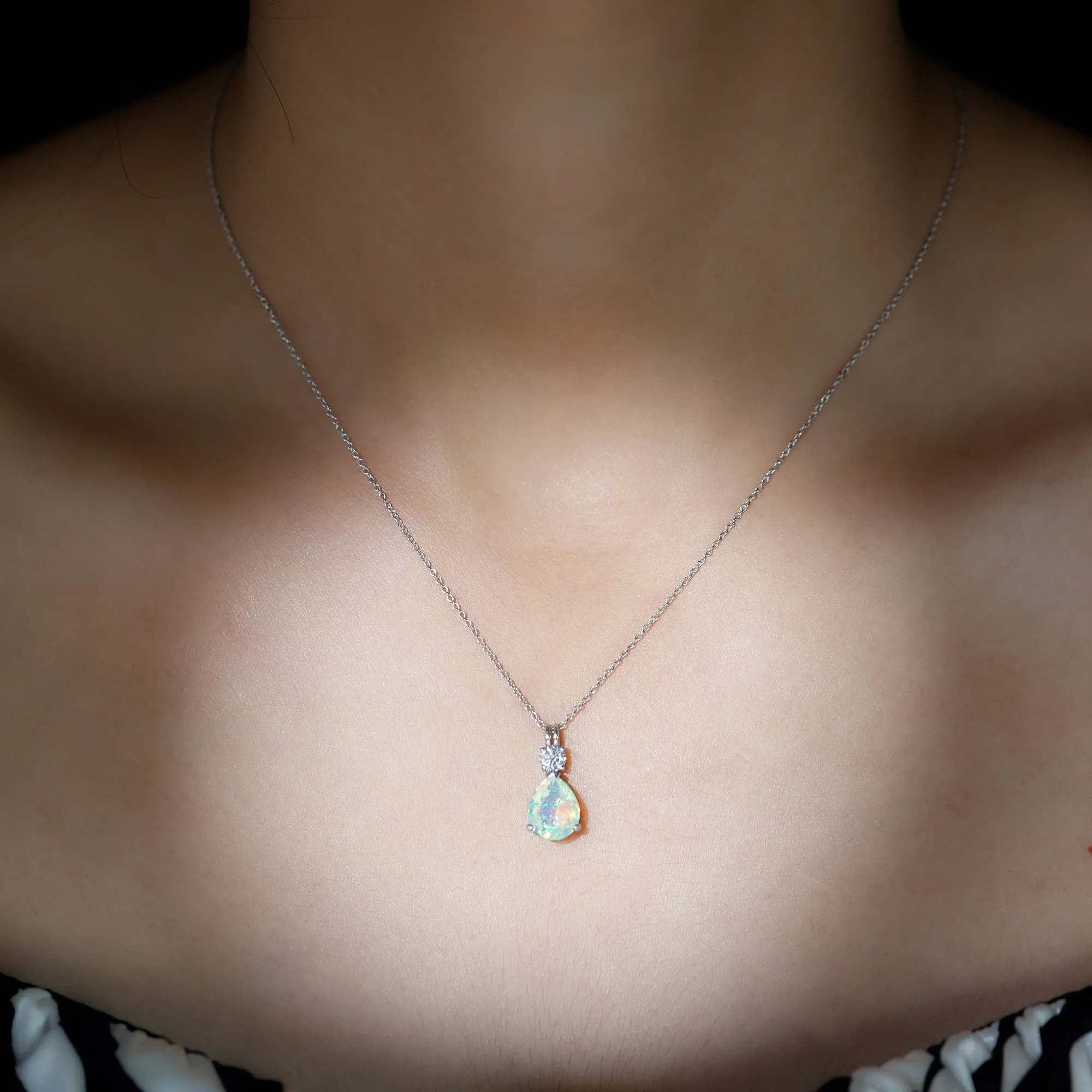 Simple Ethiopian Opal Teardrop Pendant with Moissanite