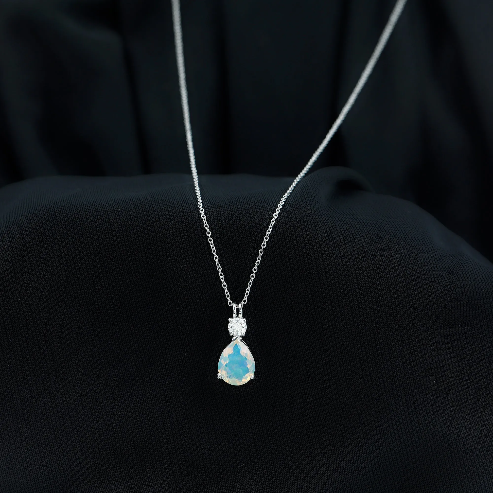 Simple Ethiopian Opal Teardrop Pendant with Moissanite