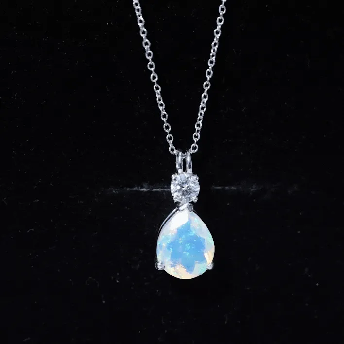 Simple Ethiopian Opal Teardrop Pendant with Moissanite