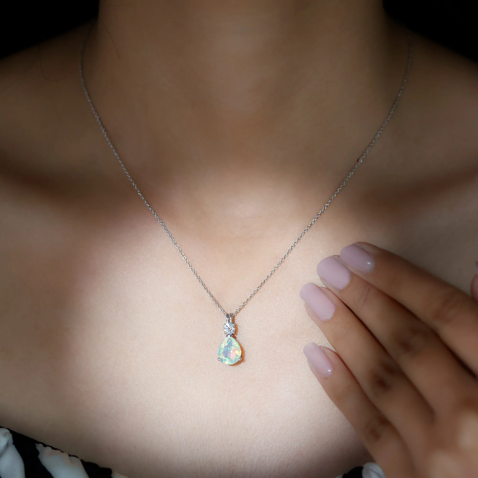 Simple Ethiopian Opal Teardrop Pendant with Moissanite