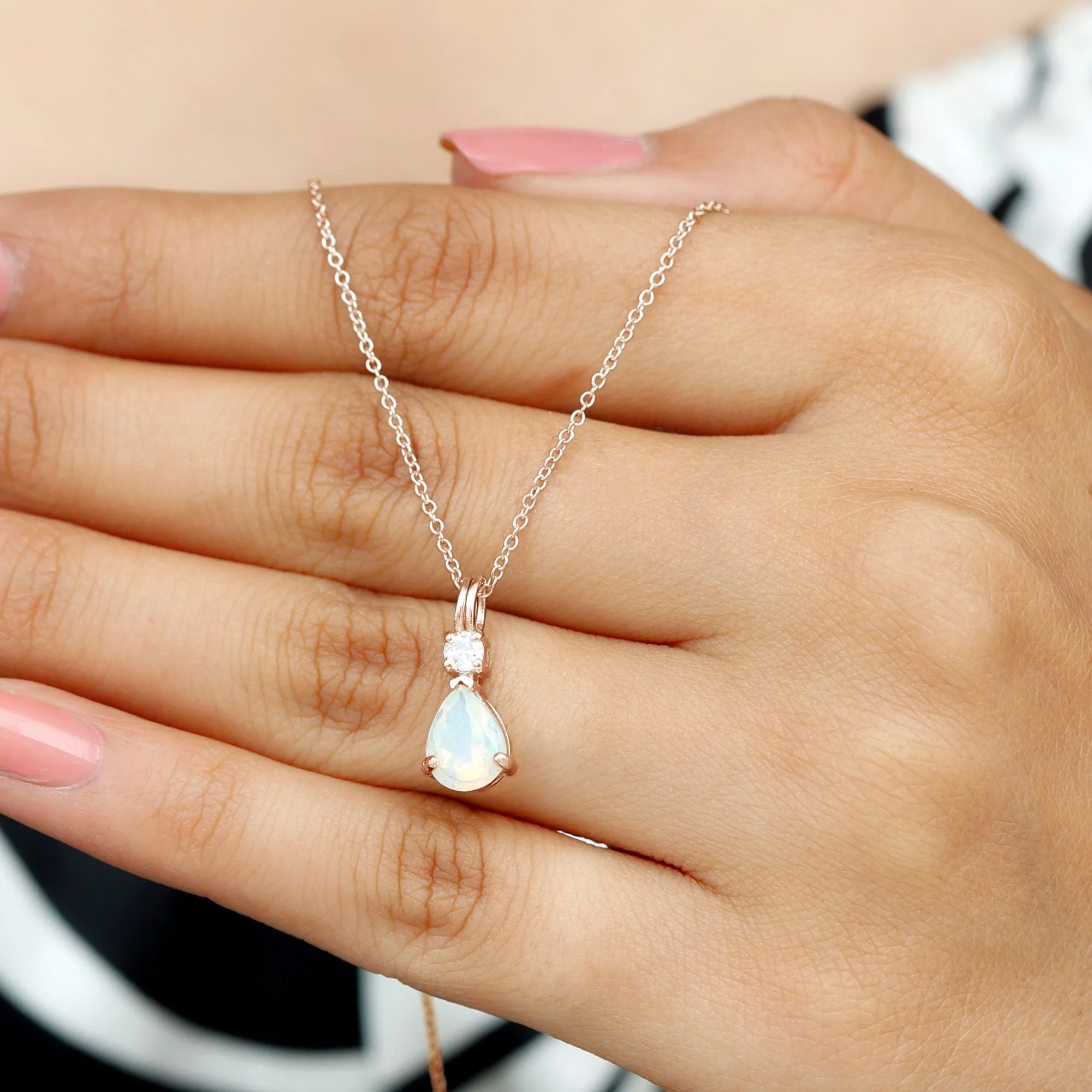 Simple Ethiopian Opal Teardrop Pendant with Moissanite