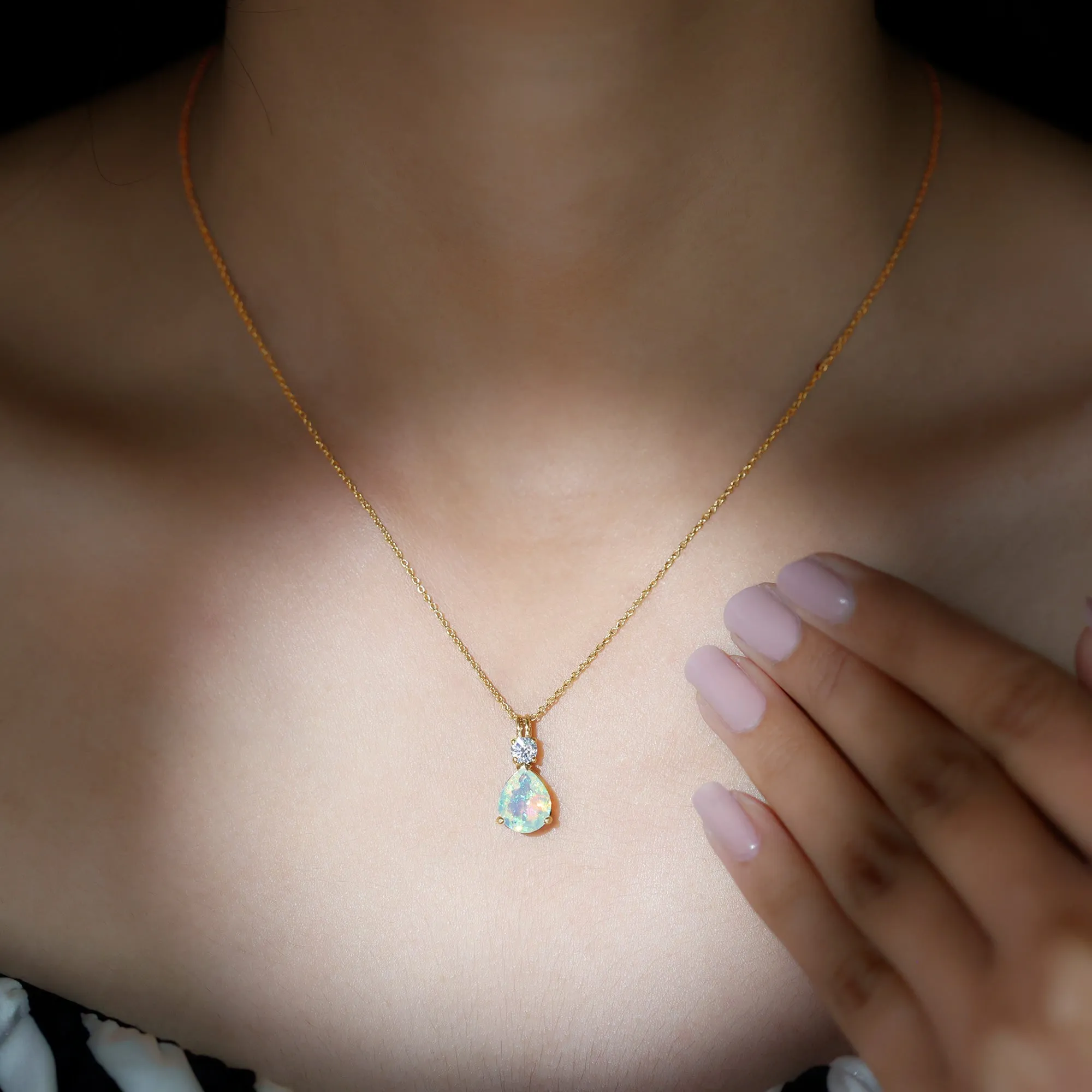 Simple Ethiopian Opal Teardrop Pendant with Moissanite