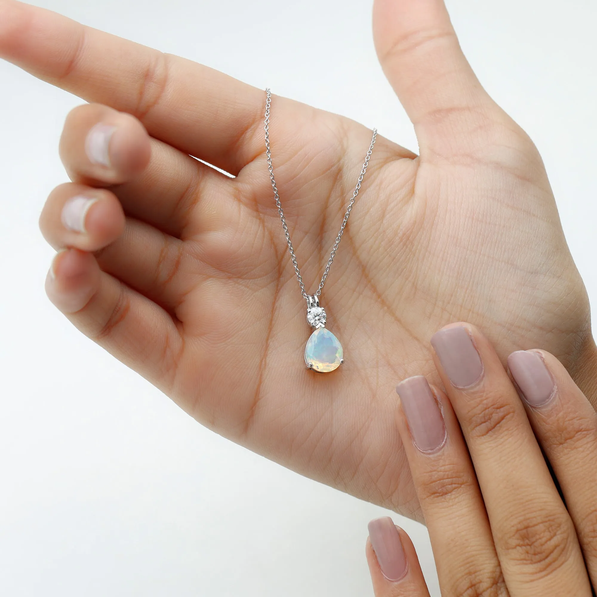 Simple Ethiopian Opal Teardrop Pendant with Moissanite