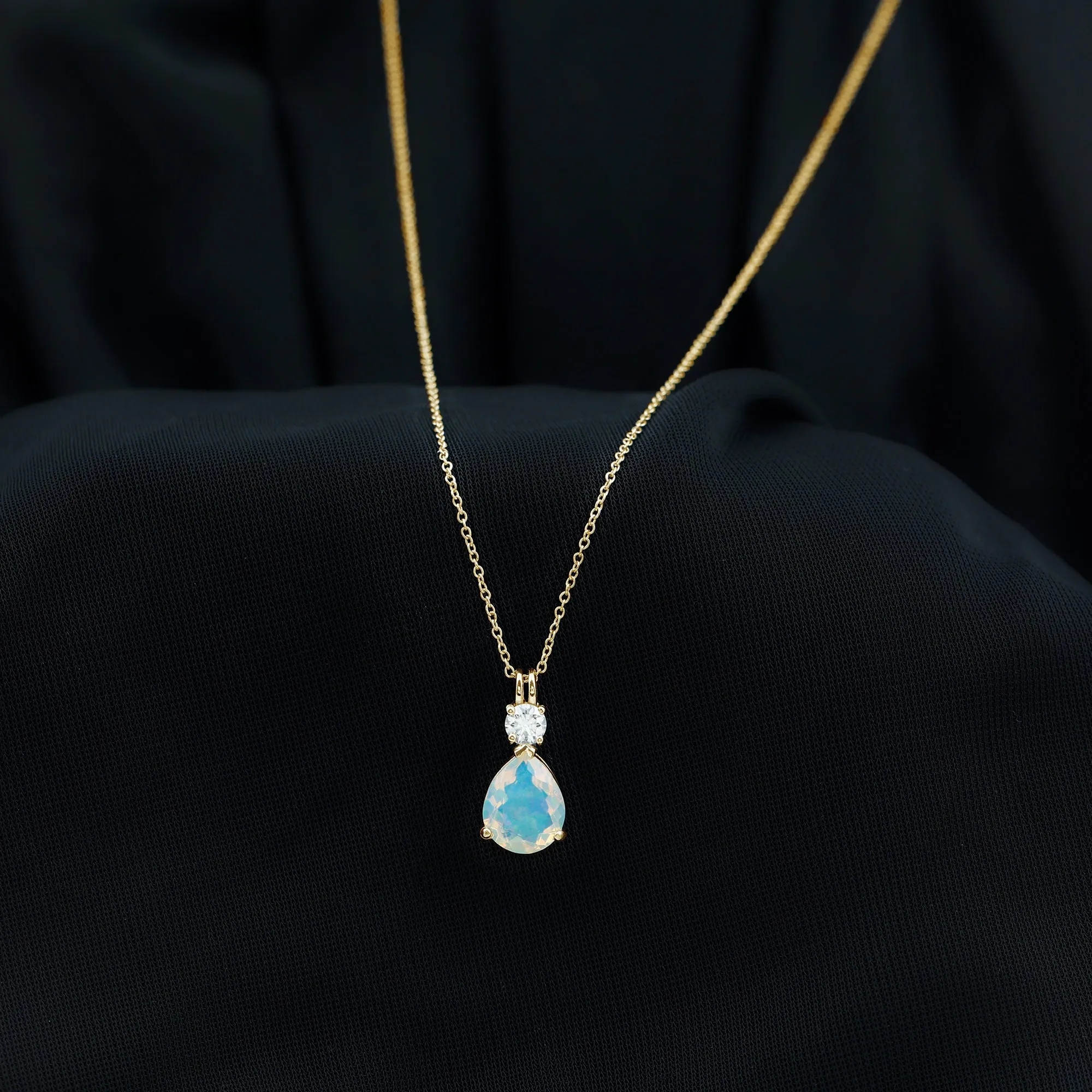 Simple Ethiopian Opal Teardrop Pendant with Moissanite