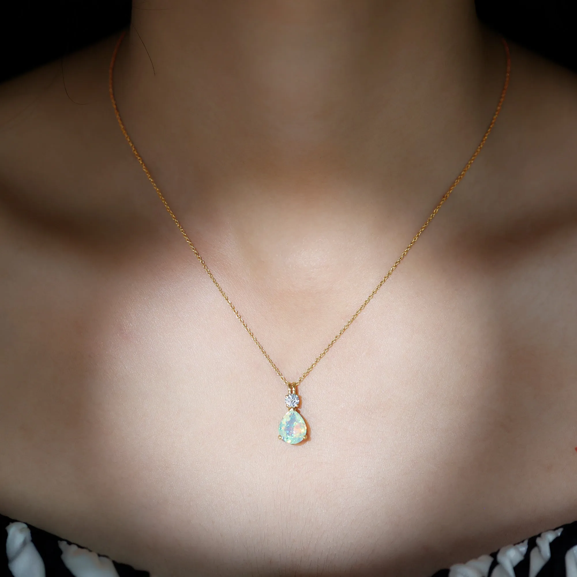 Simple Ethiopian Opal Teardrop Pendant with Moissanite