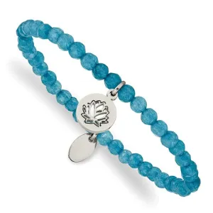 Stainless Steel Lotus Charm Blue Jade Beaded Stretch Bracelet