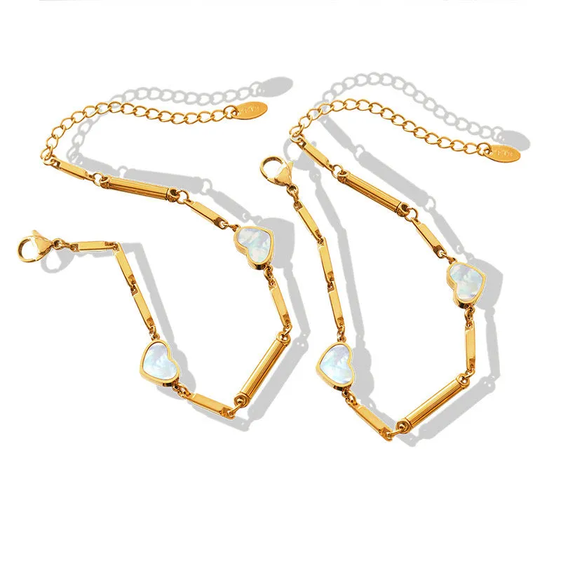 Stainless Steel Mother of Pearl Double Heart Bracelet