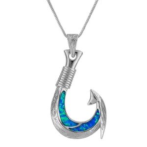 Sterling Silver Synthetic Blue Opal Fish Hook Pendant Necklace, 16 2" Extender