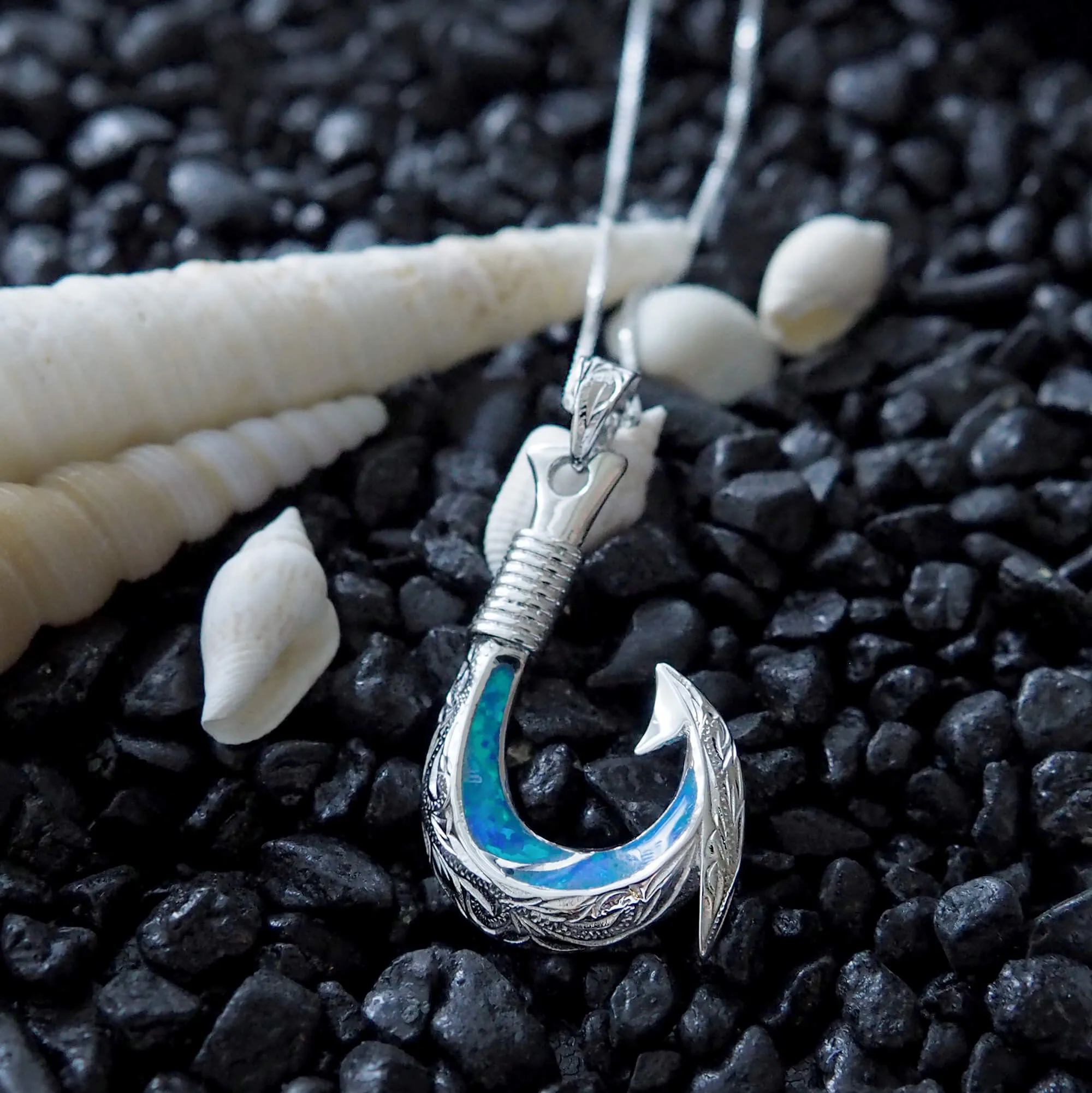 Sterling Silver Synthetic Blue Opal Fish Hook Pendant Necklace, 16 2" Extender