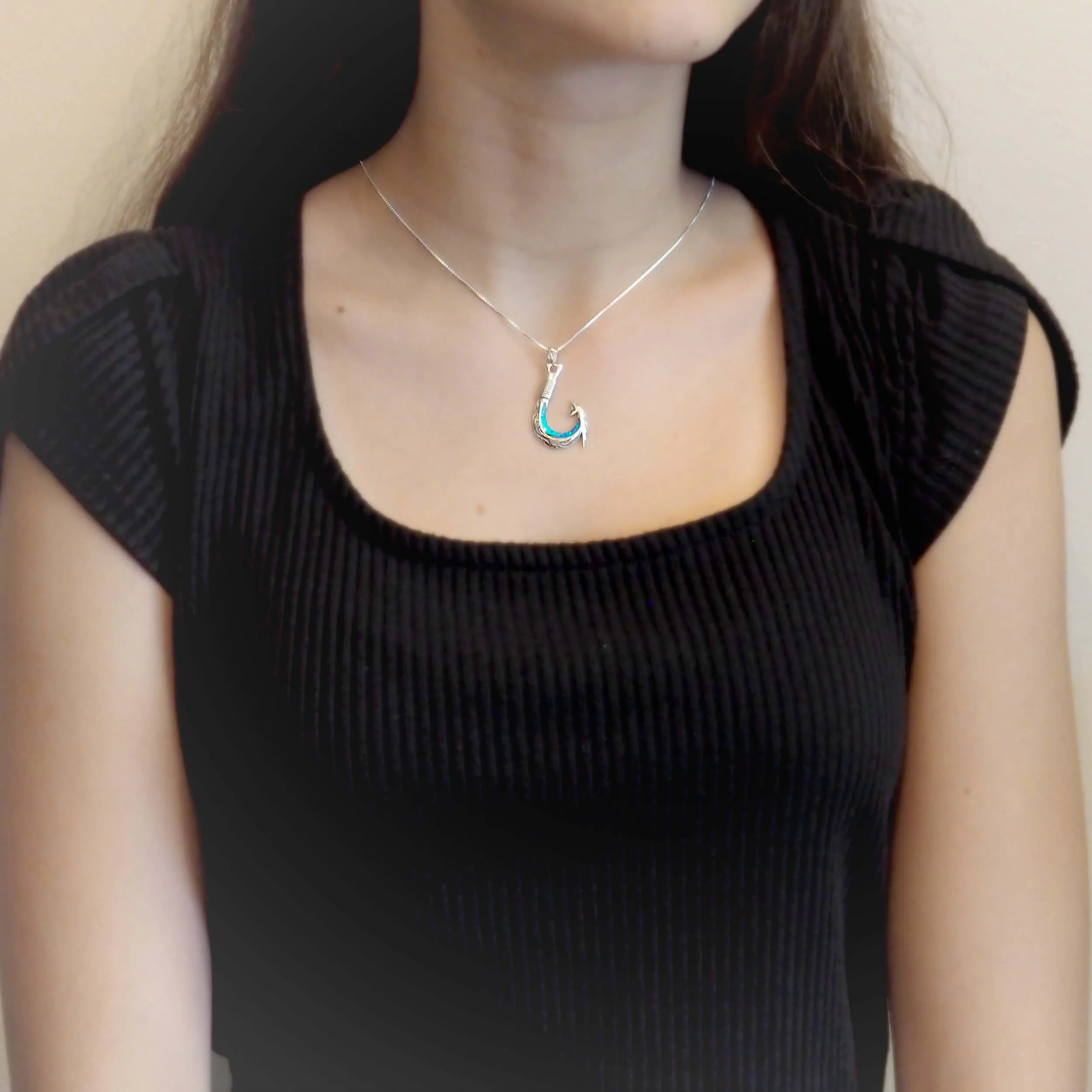 Sterling Silver Synthetic Blue Opal Fish Hook Pendant Necklace, 16 2" Extender