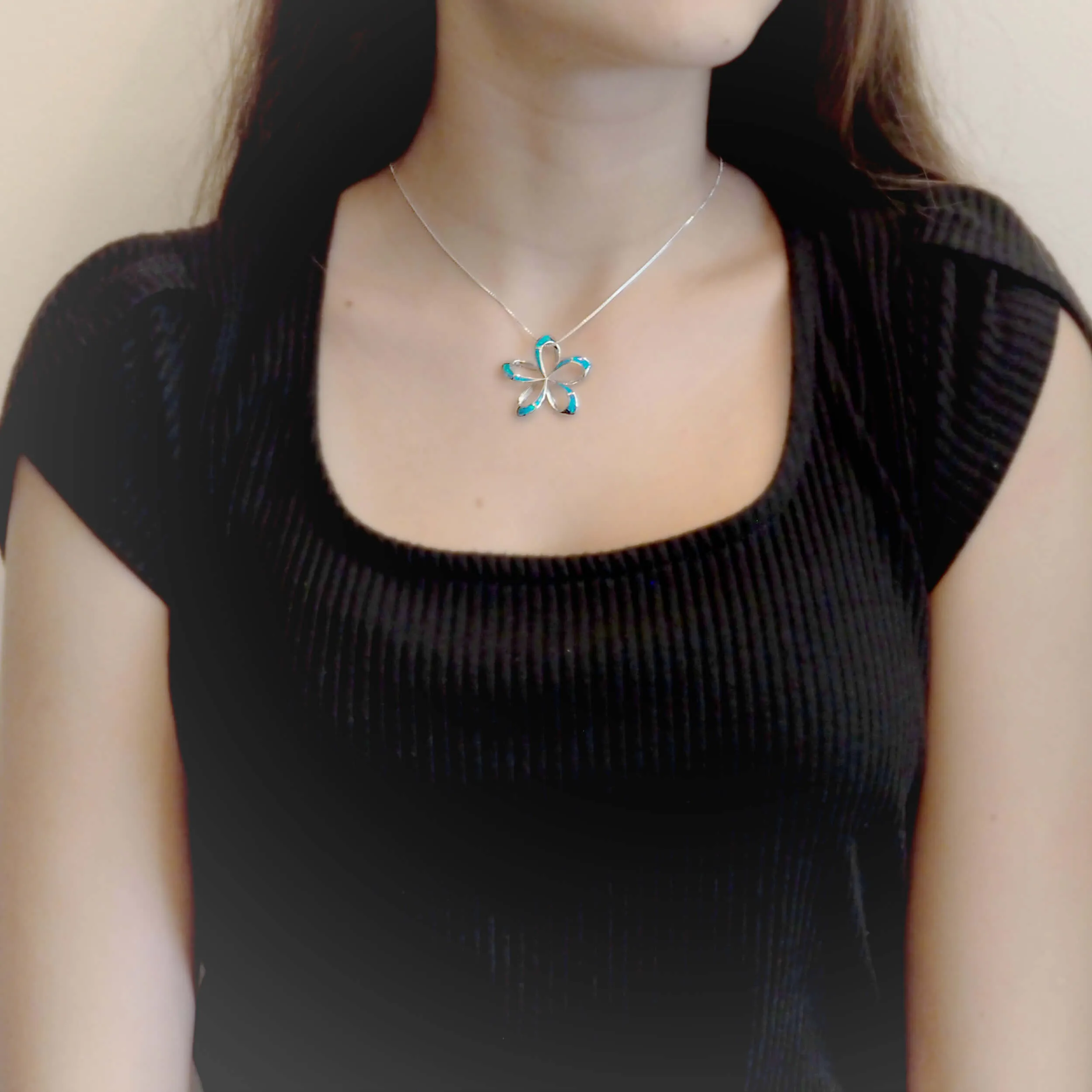 Sterling Silver Synthetic Blue Opal Open Plumeria Pendant Necklace, 16 2" Extender