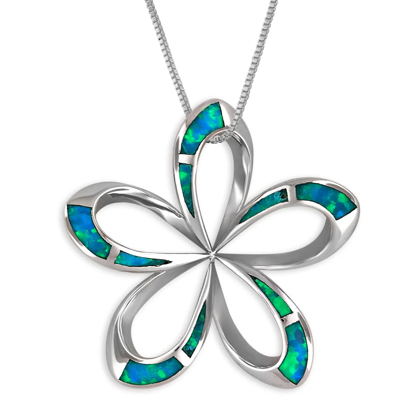 Sterling Silver Synthetic Blue Opal Open Plumeria Pendant Necklace, 16 2" Extender