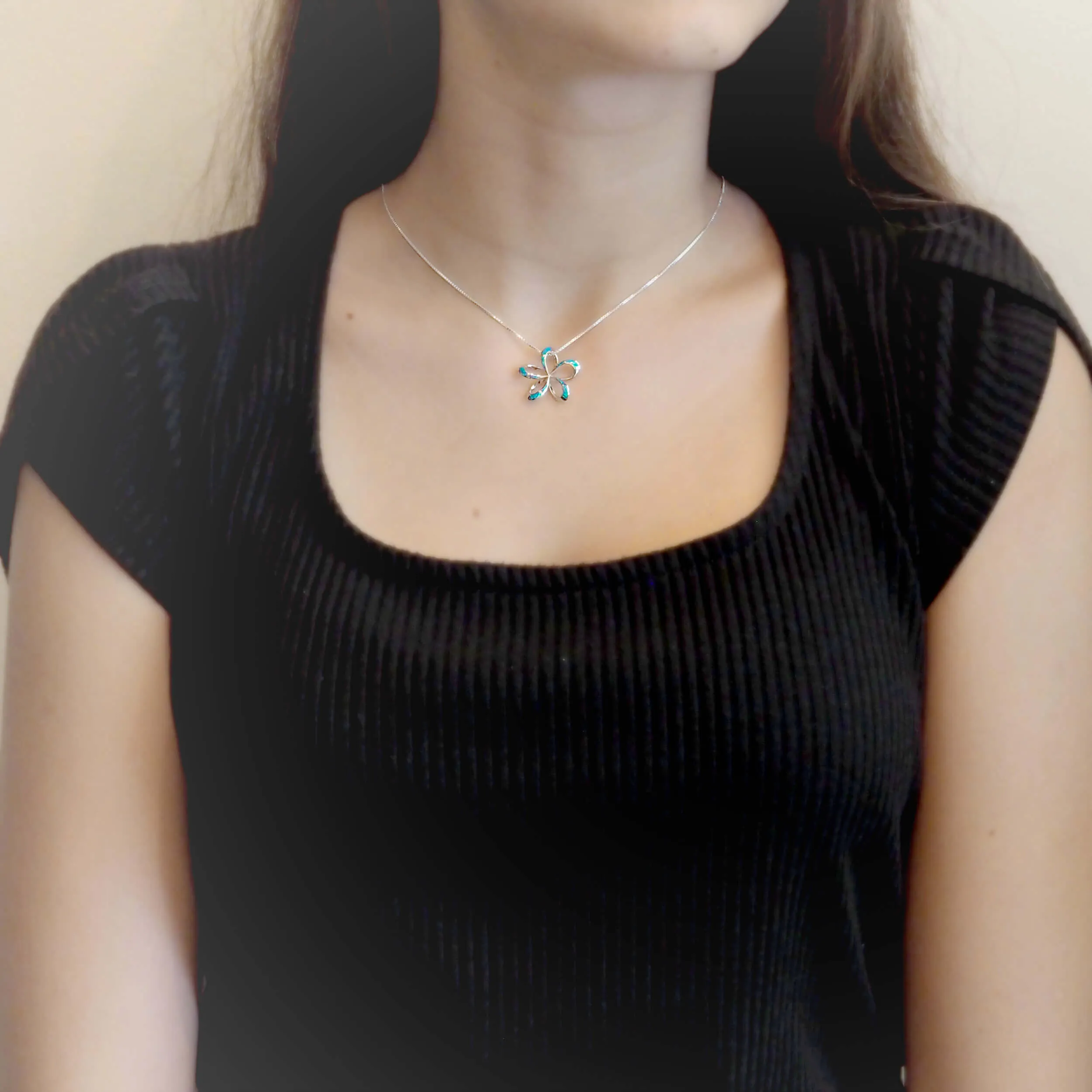 Sterling Silver Synthetic Blue Opal Open Plumeria Pendant Necklace, 16 2" Extender