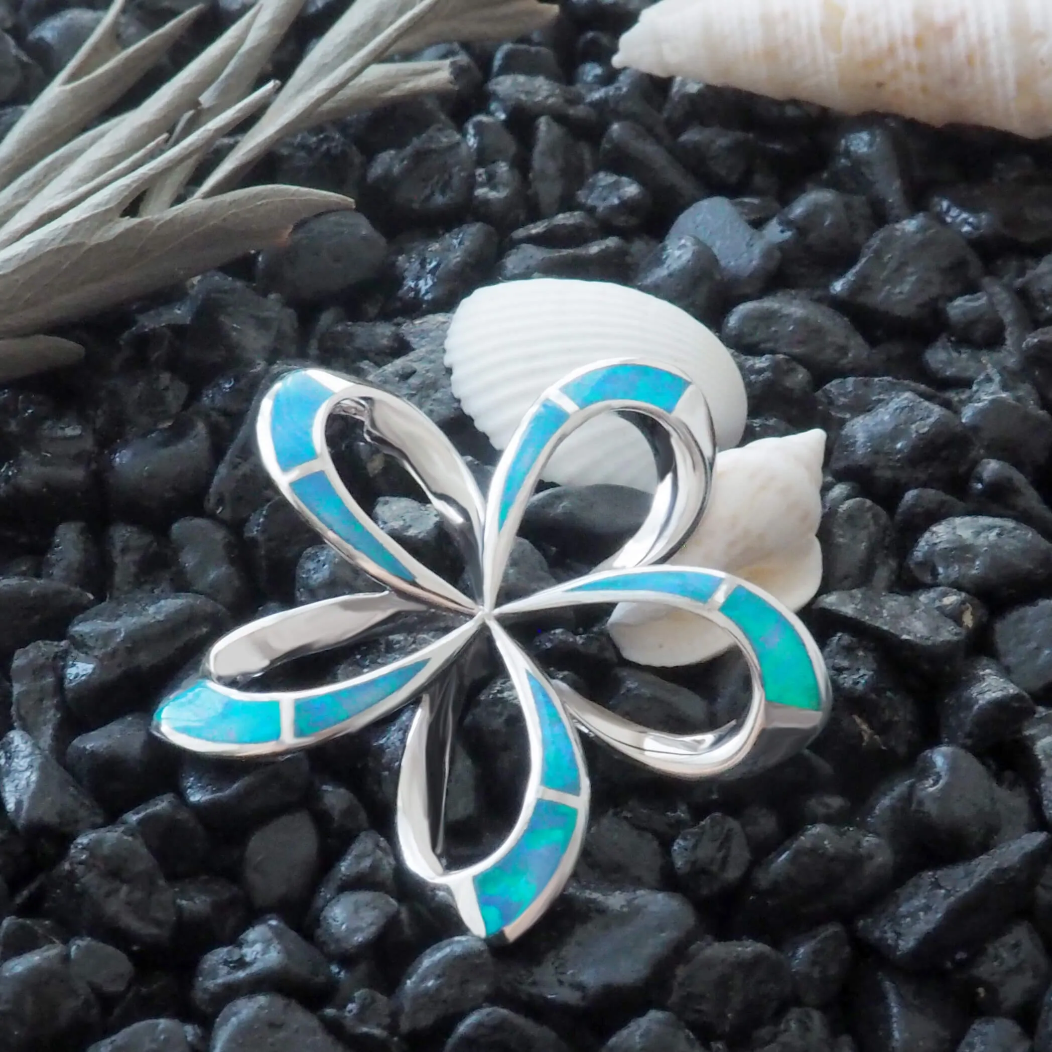 Sterling Silver Synthetic Blue Opal Open Plumeria Pendant Necklace, 16 2" Extender
