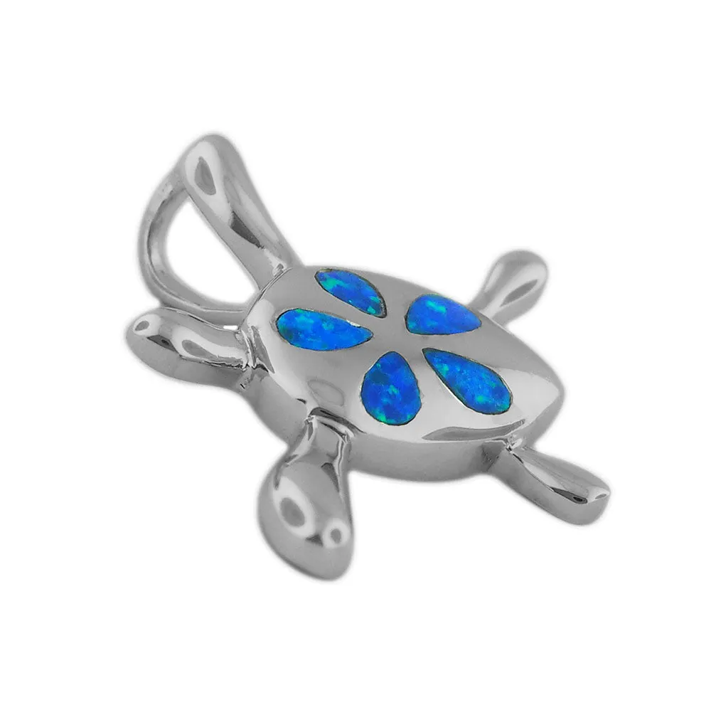 Sterling Silver Synthetic Blue Opal Turtle Plumeria Pendant Necklace, 16 2" Extender