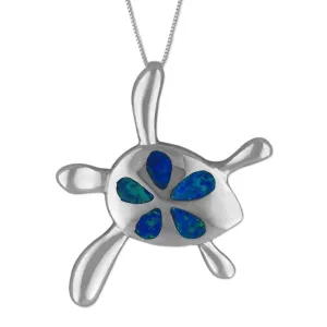 Sterling Silver Synthetic Blue Opal Turtle Plumeria Pendant Necklace, 16 2" Extender