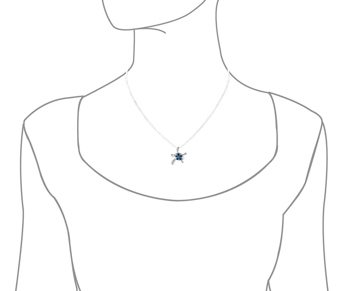 Sterling Silver Synthetic Blue Opal Turtle Plumeria Pendant Necklace, 16 2" Extender