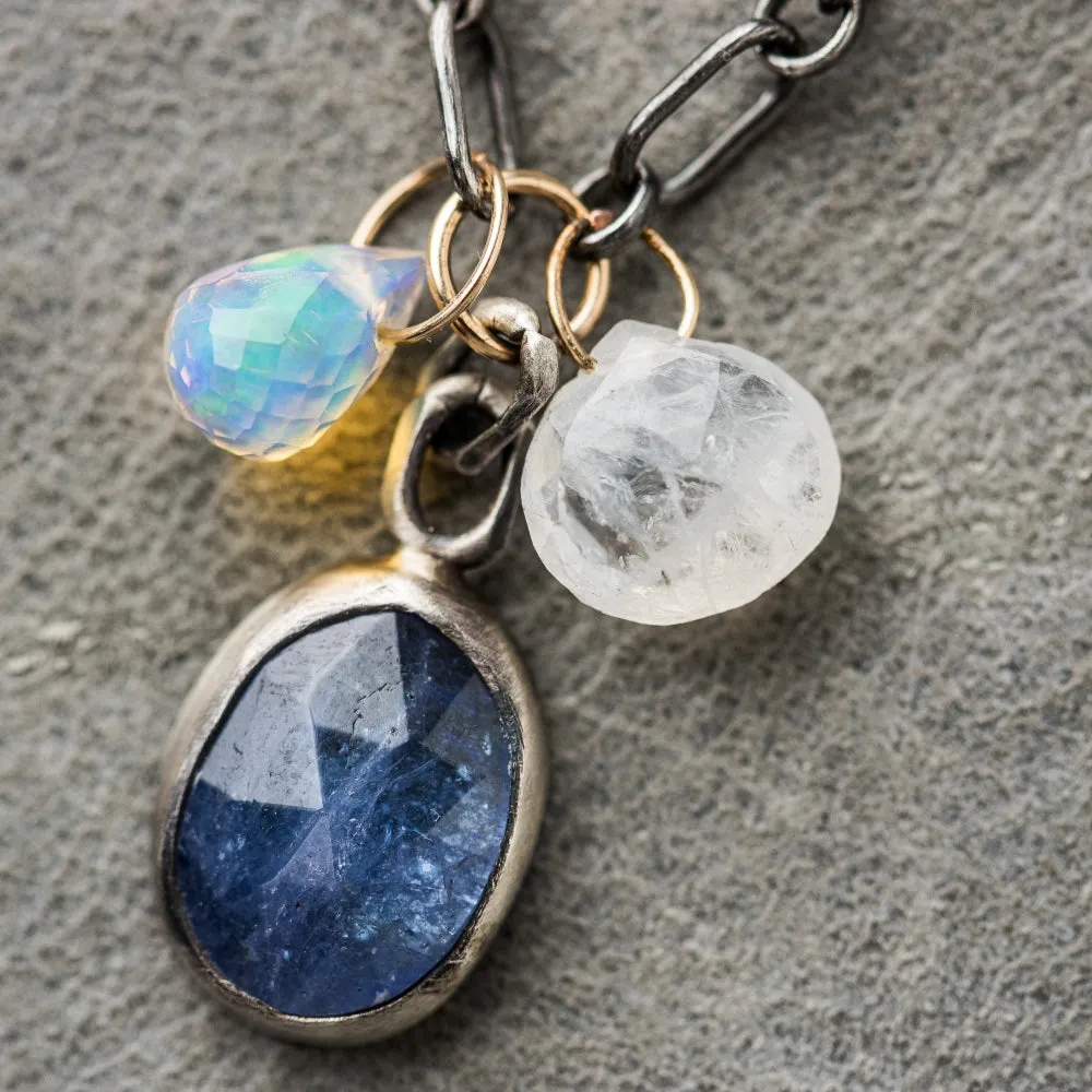 Tanzanite Necklace with Ethiopian Opal and Moonstone on Slot Chain