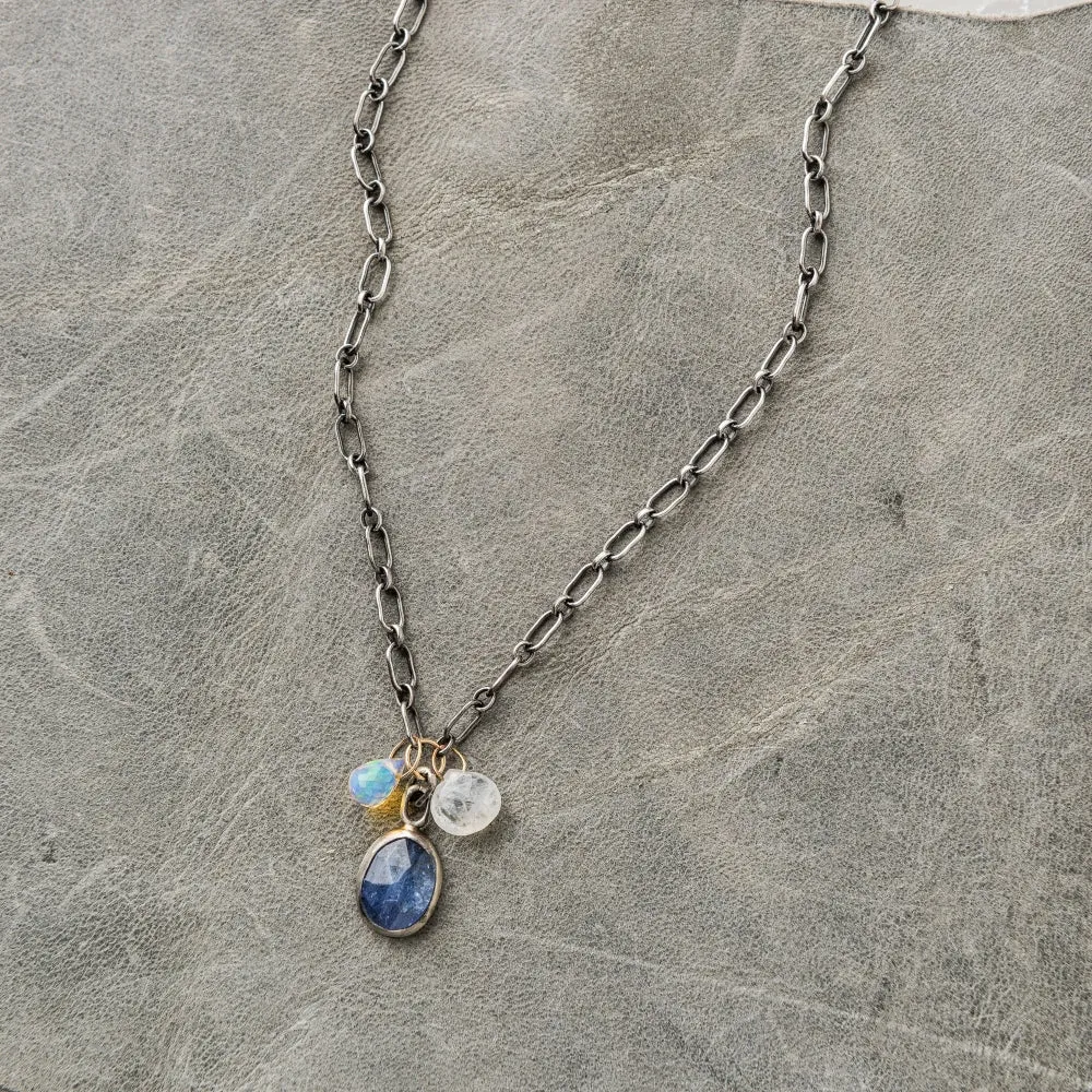 Tanzanite Necklace with Ethiopian Opal and Moonstone on Slot Chain