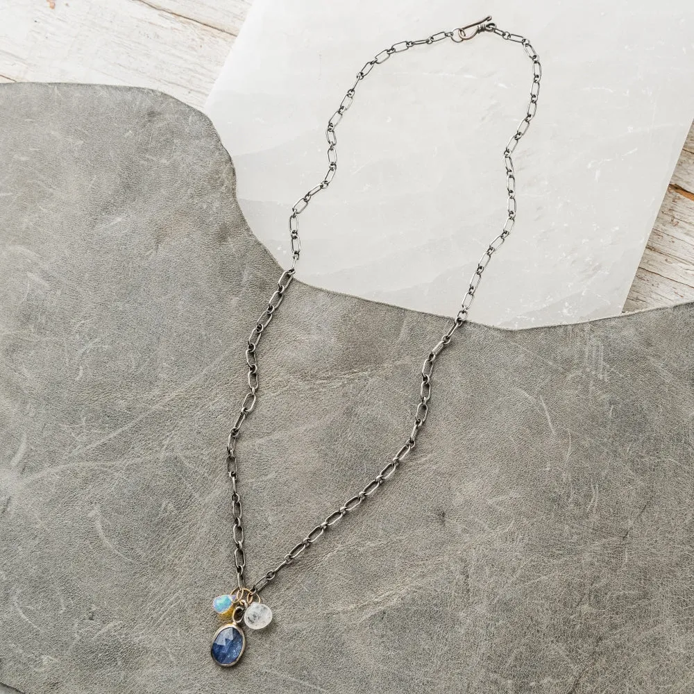 Tanzanite Necklace with Ethiopian Opal and Moonstone on Slot Chain