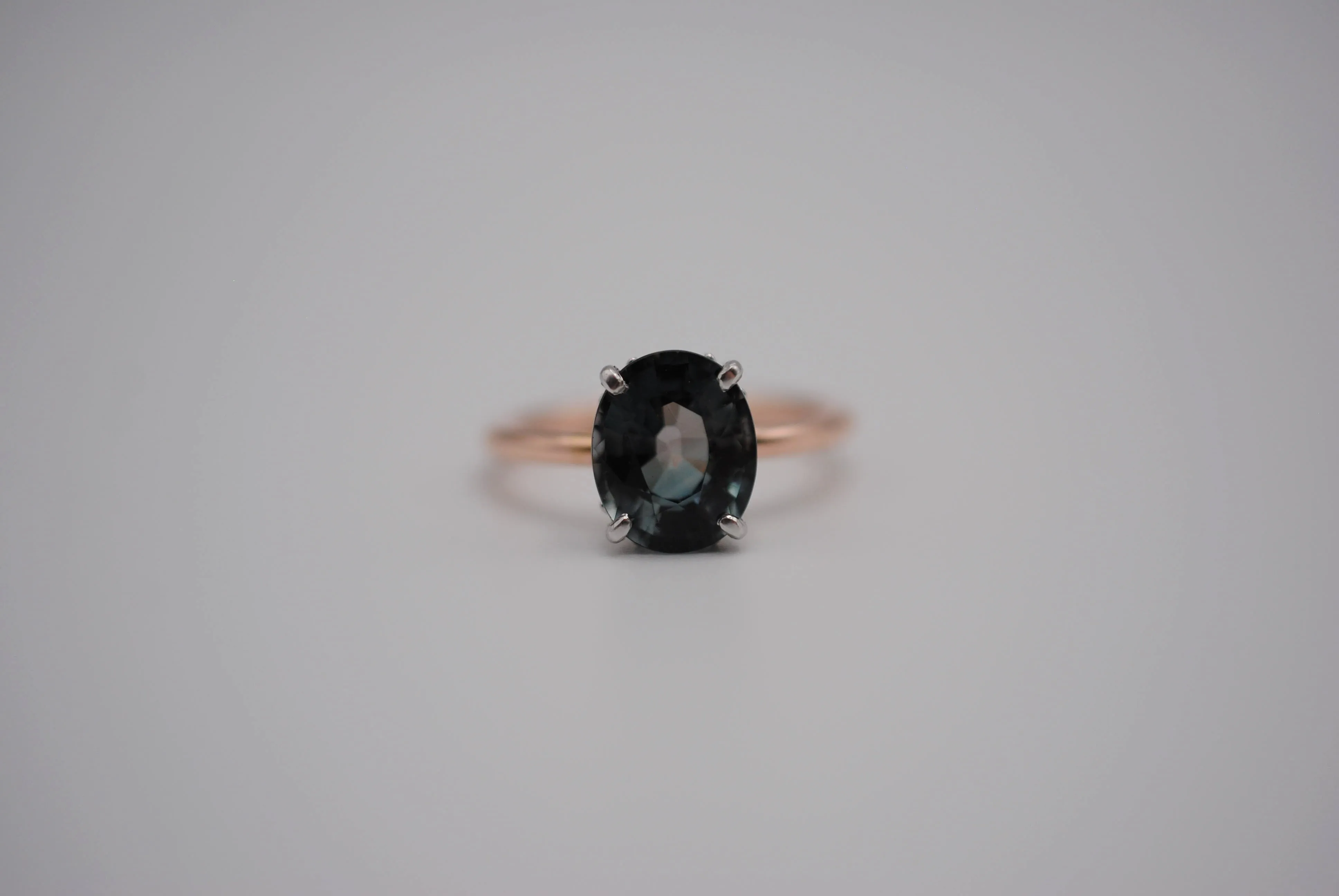 Tourmaline Ring: Oval Cut, White Gold Ornate Setting, Rose Gold Fill Band