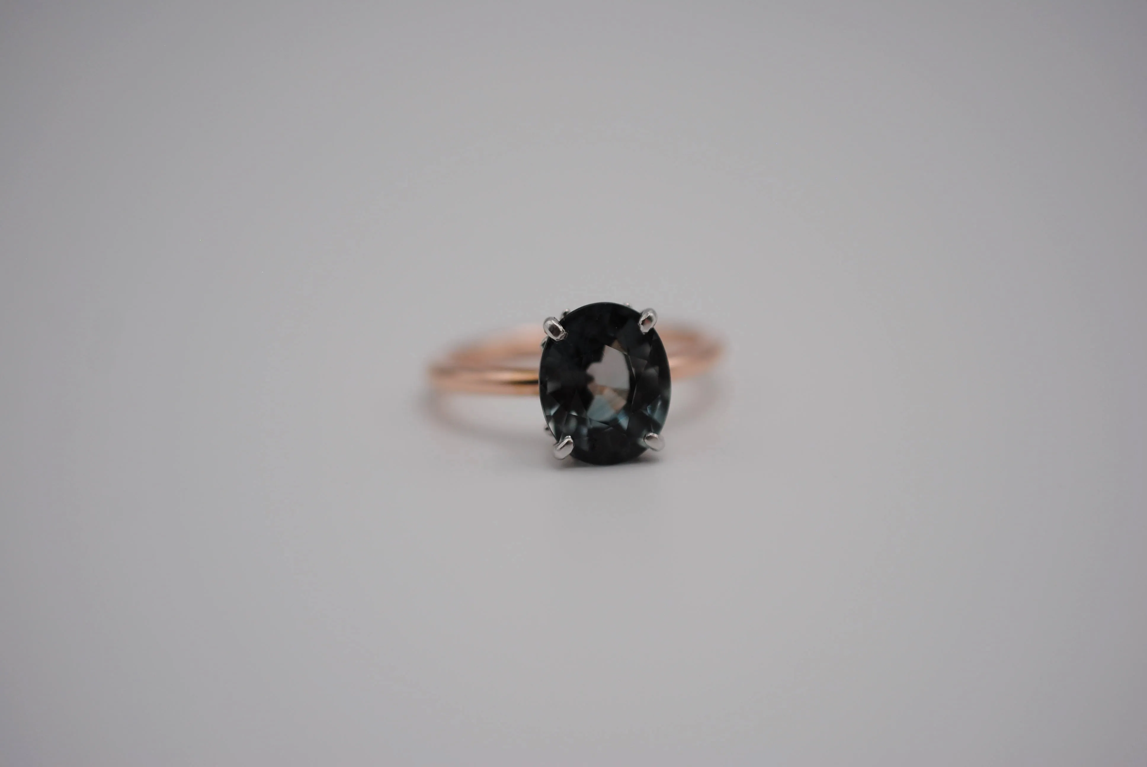 Tourmaline Ring: Oval Cut, White Gold Ornate Setting, Rose Gold Fill Band