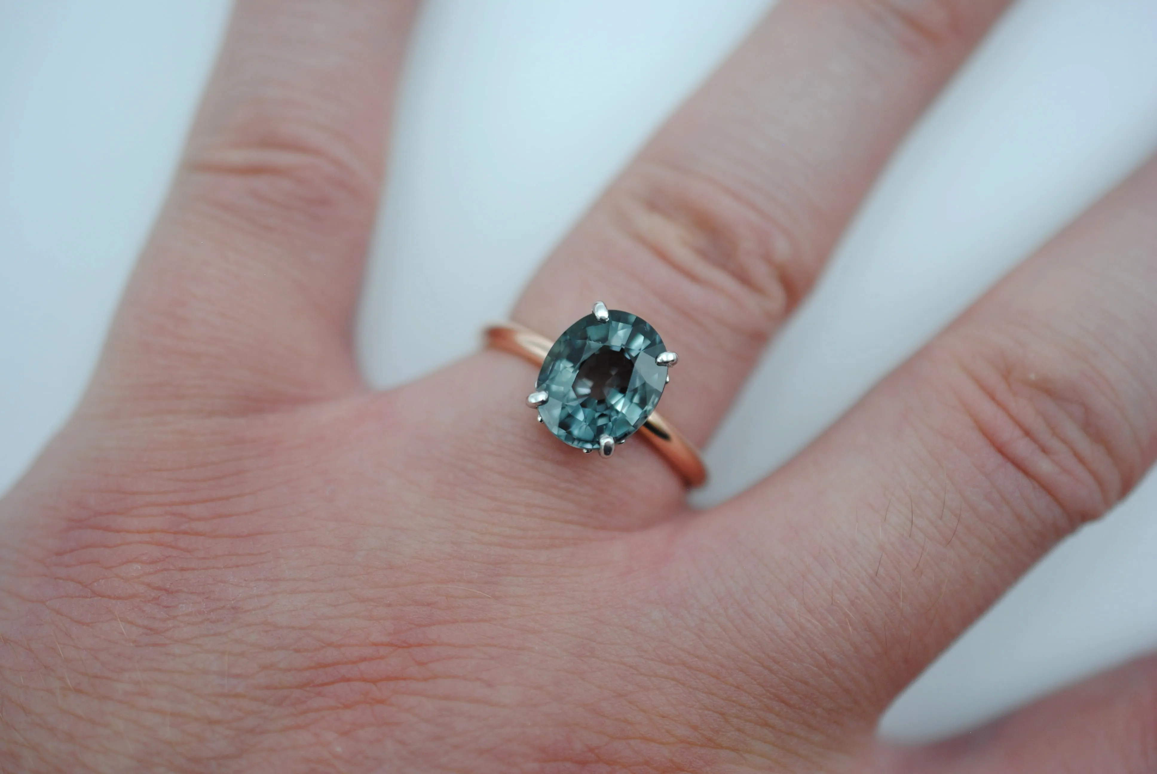 Tourmaline Ring: Oval Cut, White Gold Ornate Setting, Rose Gold Fill Band
