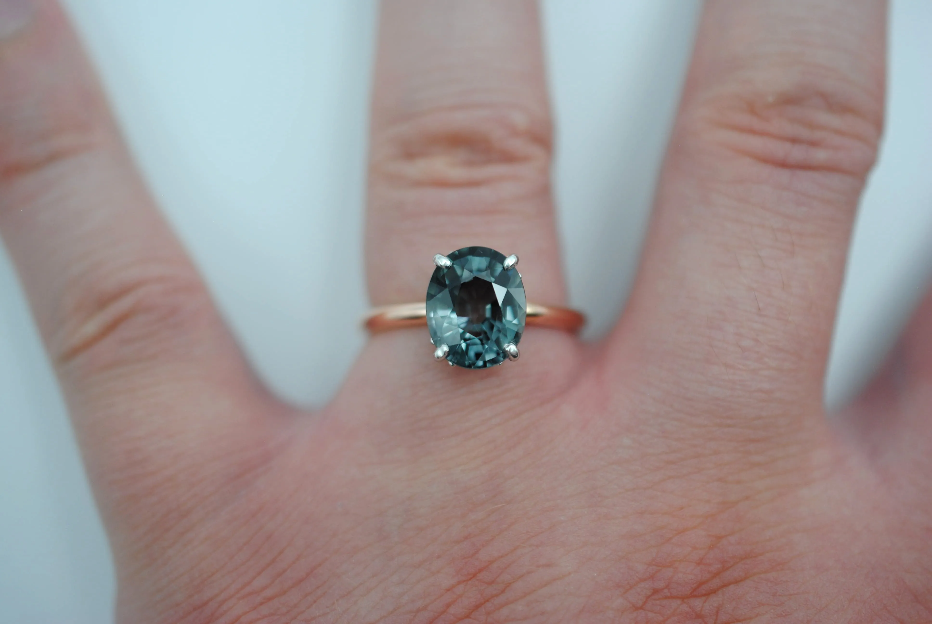 Tourmaline Ring: Oval Cut, White Gold Ornate Setting, Rose Gold Fill Band