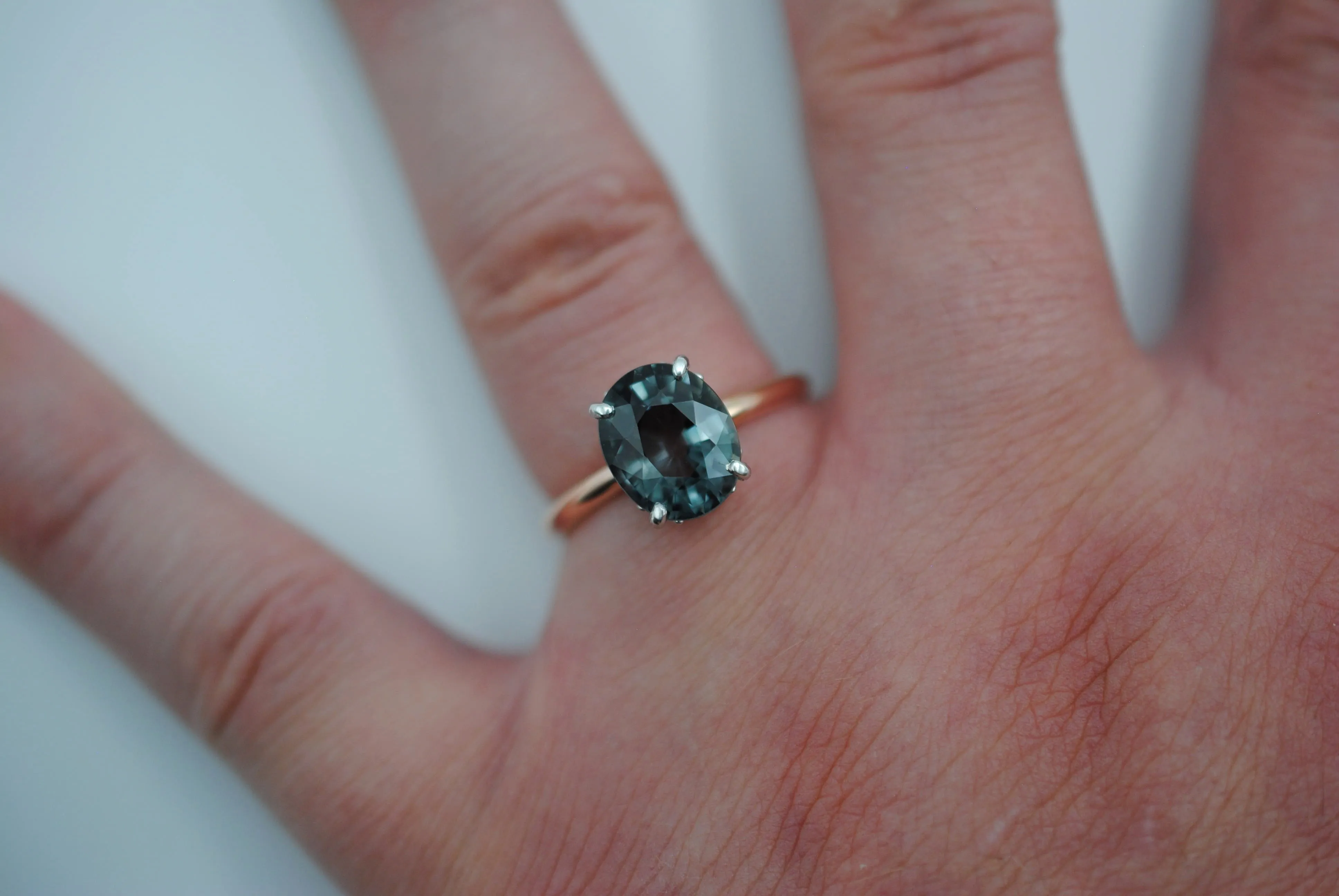 Tourmaline Ring: Oval Cut, White Gold Ornate Setting, Rose Gold Fill Band