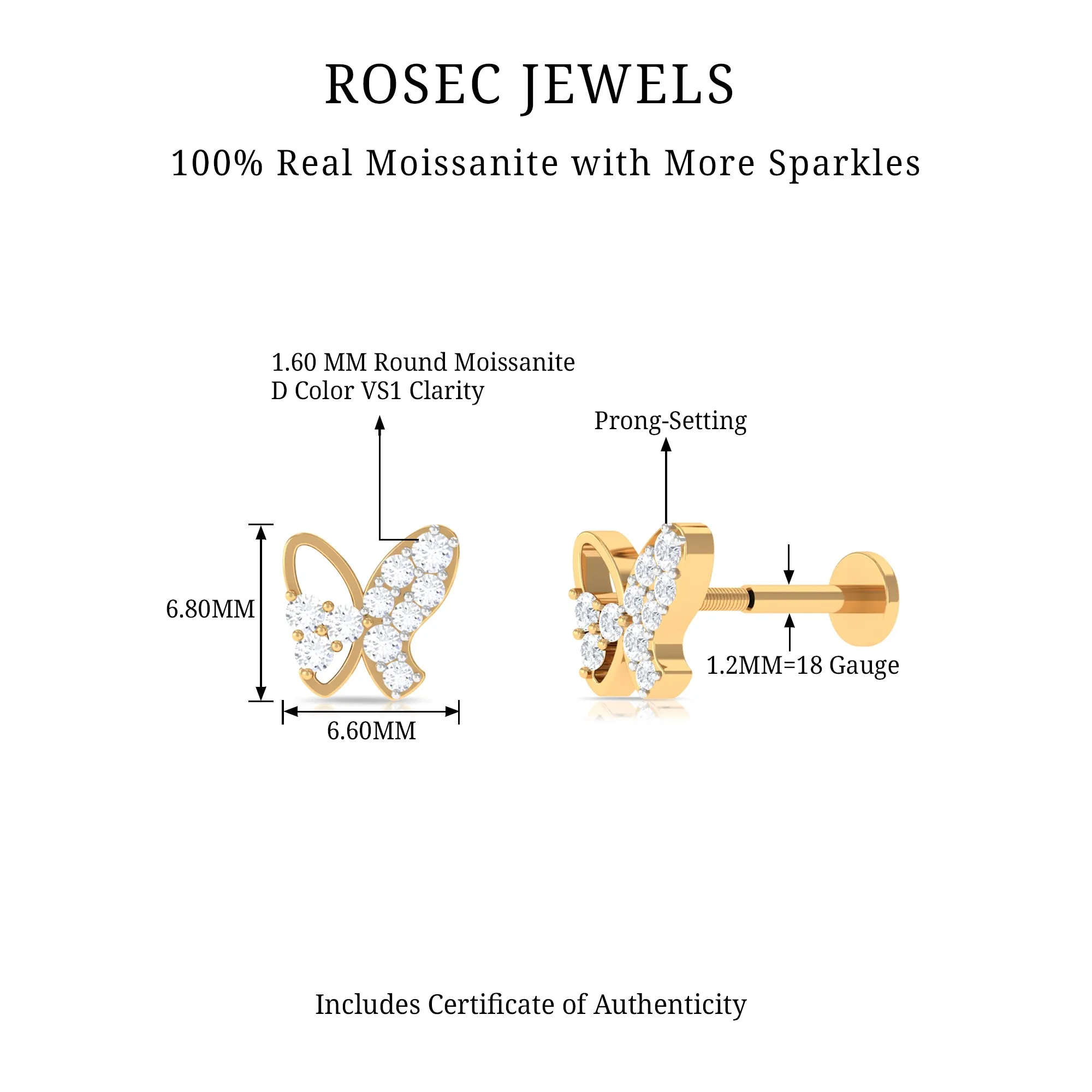 Unique Moissanite Butterfly Helix Earring in Gold