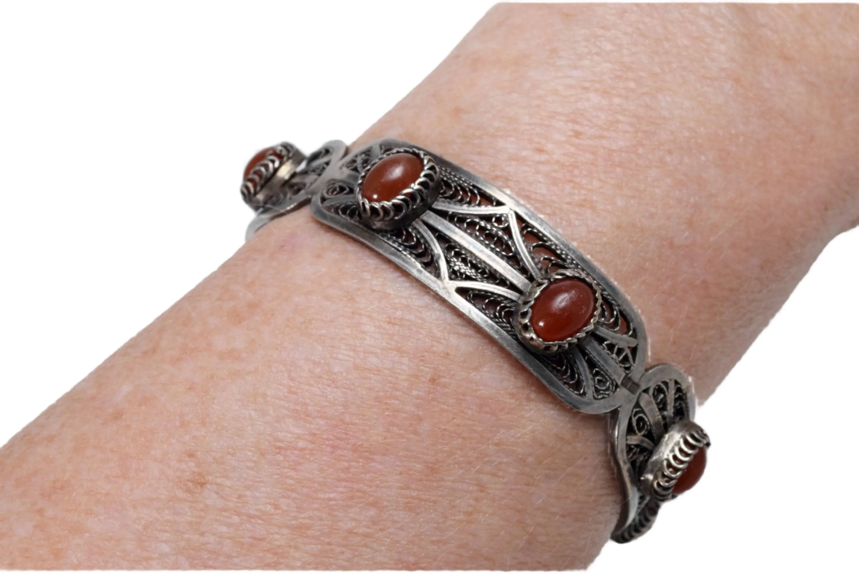 Vintage Egyptian Silver Filigree and Carnelian Bangle