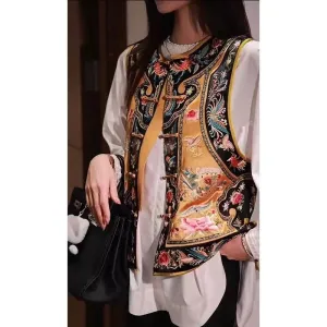 Vintage Embroidered Floral Vest, Oriental Style, Gold and Black with Butterfly Pattern, White Blouse Combination