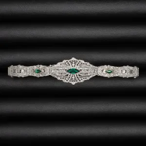 VINTAGE EMERALD 10k WHITE GOLD BRACELET FILIGREE ART DECO GREEN ESTATE MARQUISE
