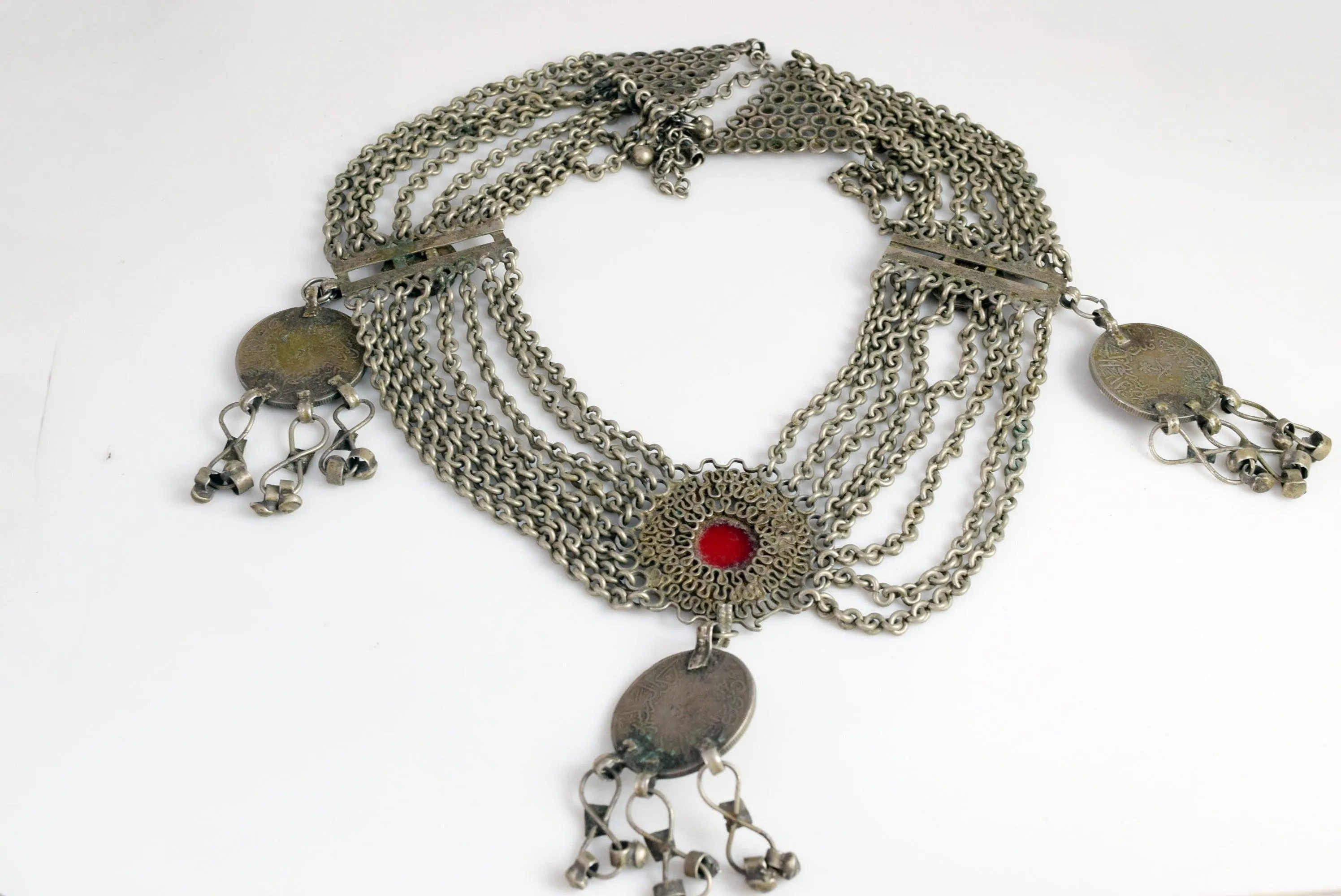 Vintage Saudi Bedouin Silver Bib Necklace With Chains and Coin Pendants