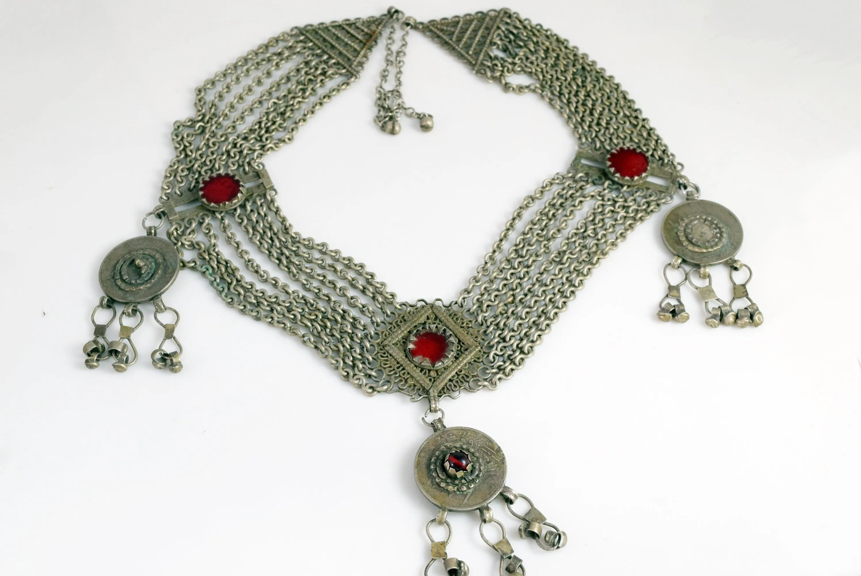 Vintage Saudi Bedouin Silver Bib Necklace With Chains and Coin Pendants