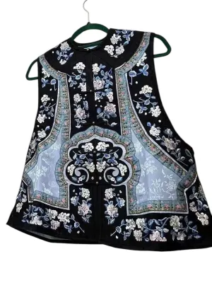 Vintage-Style Embroidered Floral Vest, Black with Blue and White Flowers, Oriental Design