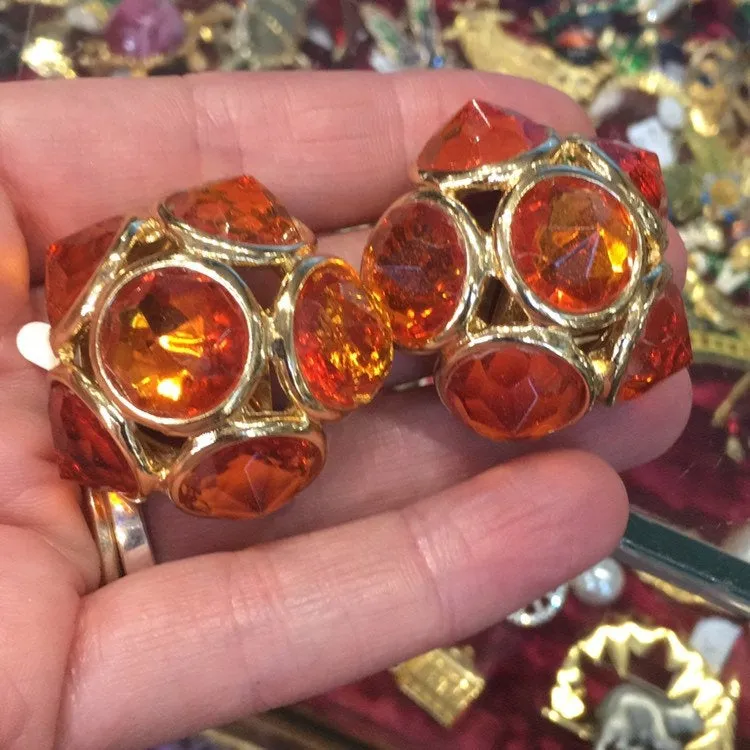 Vintage Yves Saint Laurent earrings YSL Amber Crystal Glass Clip on