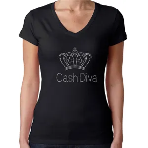 Womens T-Shirt Rhinestone Bling Black Fitted Tee Cash Diva Regal Crown